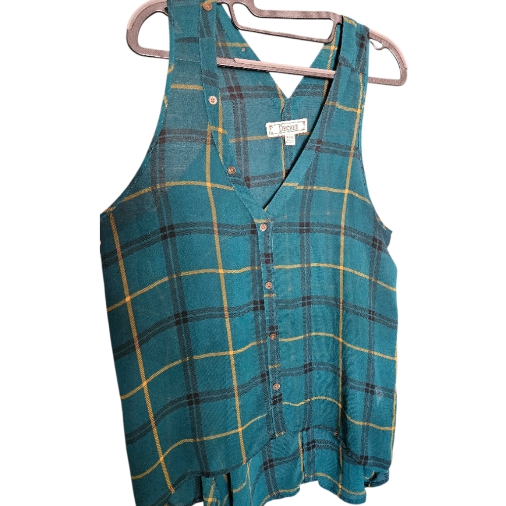 Decree Teal Plaid V-Neck Button-Front Hi Low Sleeveless Top - Picture 3 of 4